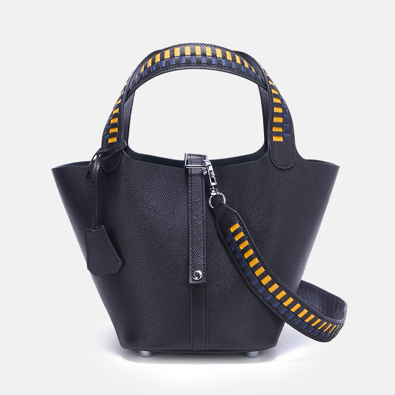 Women's Genuine Leather Palm-Textured Contrast Handle Bucket Bag