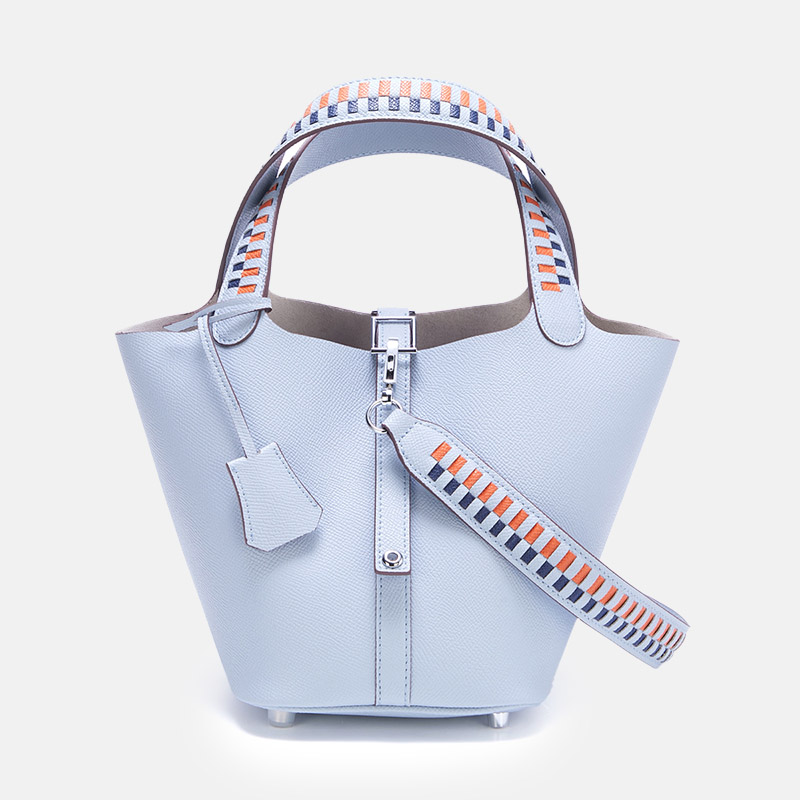 Women's Genuine Leather Palm-Textured Contrast Handle Bucket Bag