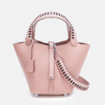 Women's Genuine Leather Palm-Textured Contrast Handle Bucket Bag