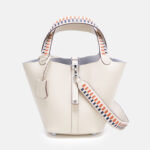 Women's Genuine Leather Palm-Textured Contrast Handle Bucket Bag