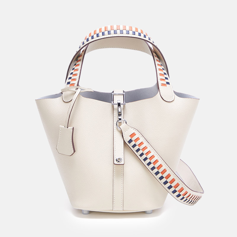 Women's Genuine Leather Palm-Textured Contrast Handle Bucket Bag