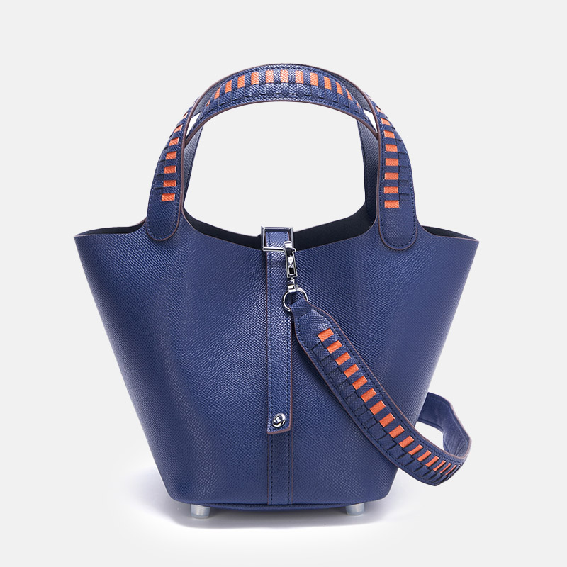 Women's Genuine Leather Palm-Textured Contrast Handle Bucket Bag