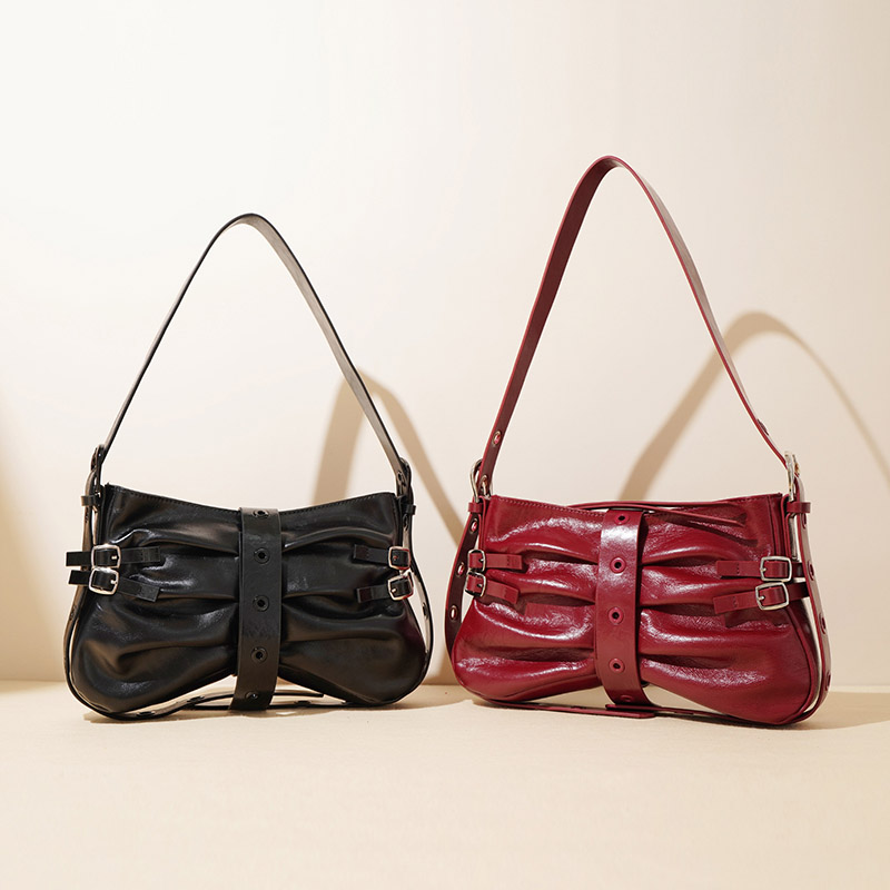 Sac à bandoulière plissé en cuir véritable pour femmes