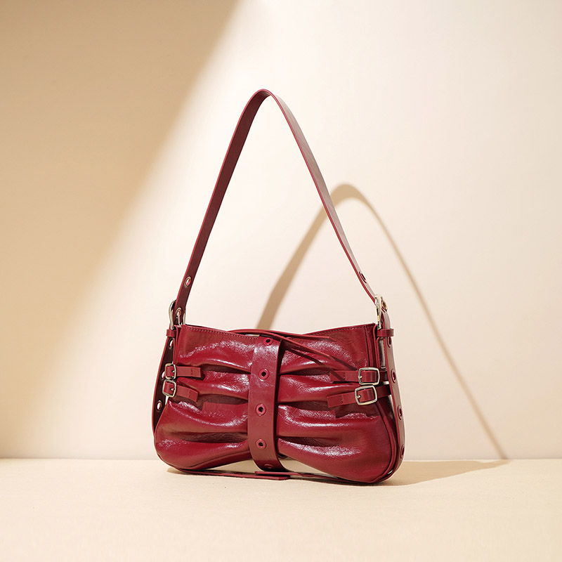 Sac à bandoulière plissé en cuir véritable pour femmes