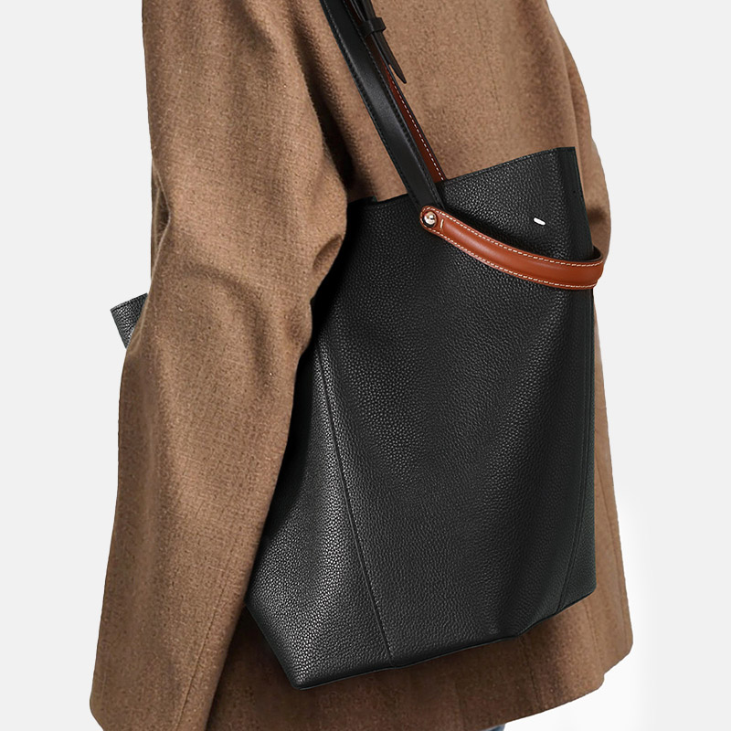 Women's Minimalist Black Genuine Leather Shoulder Bucket Bag