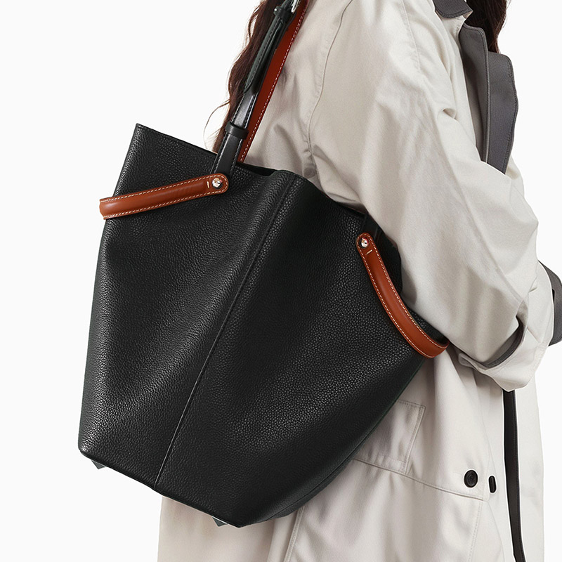 Women's Minimalist Black Genuine Leather Shoulder Bucket Bag