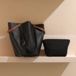 Women's Minimalist Black Genuine Leather Shoulder Bucket Bag