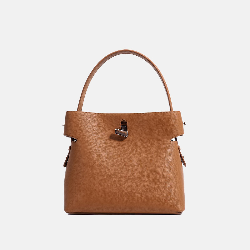 Women's Minimalist Genuine Leather Bamboo Lock Shoulder Crossbody Bucket Handbag
