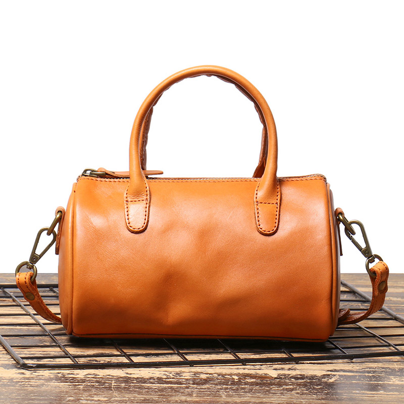 Sac à main cylindrique en cuir véritable vintage pour femmes