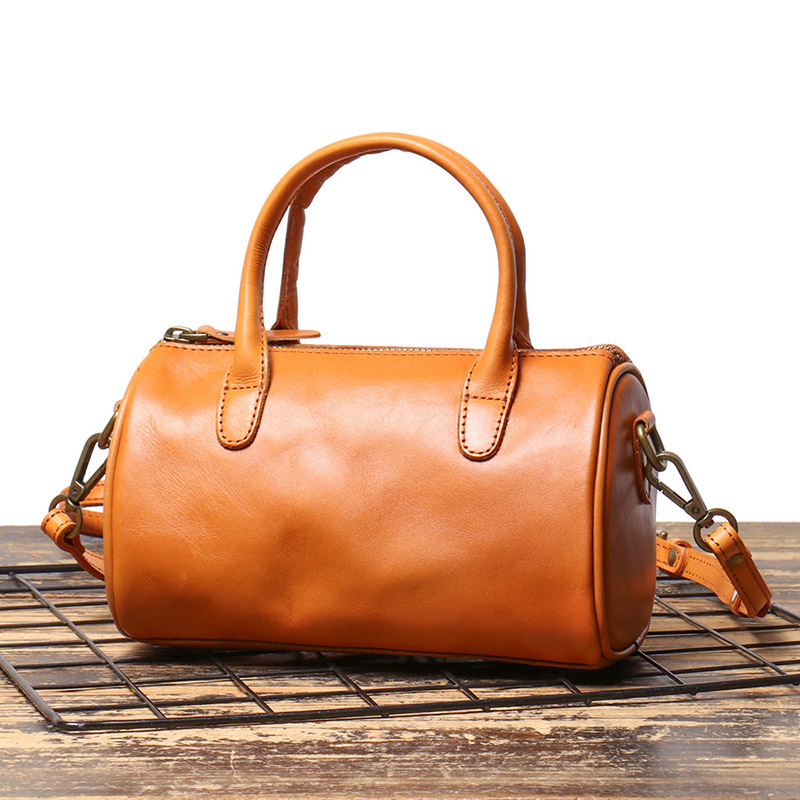 Sac à main cylindrique en cuir véritable vintage pour femmes