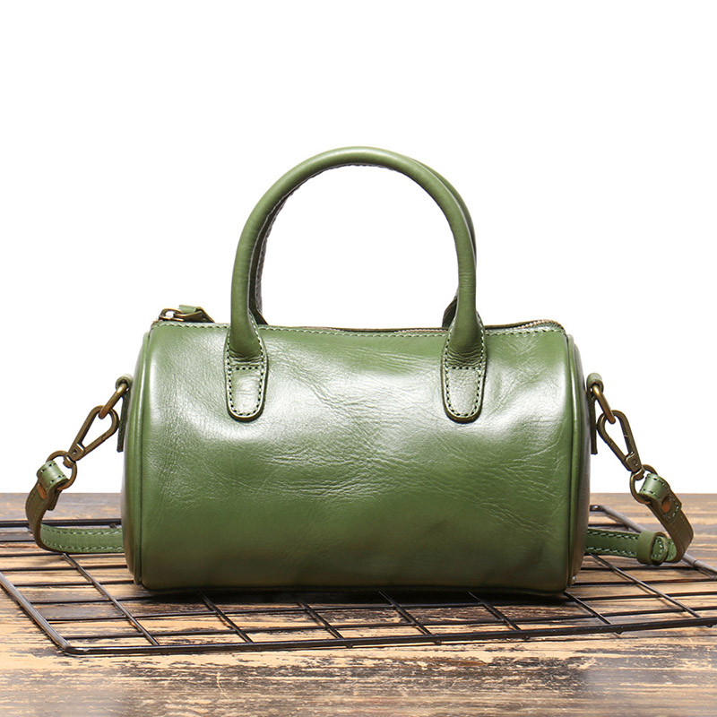Sac à main cylindrique en cuir véritable vintage pour femmes