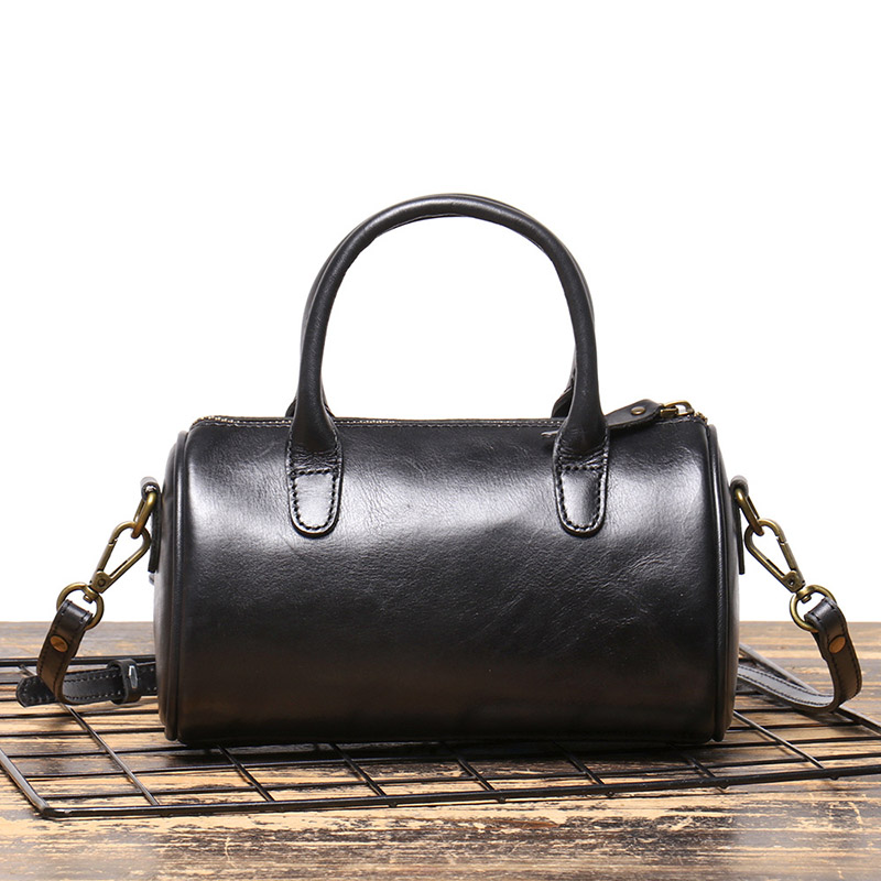 Sac à main cylindrique en cuir véritable vintage pour femmes