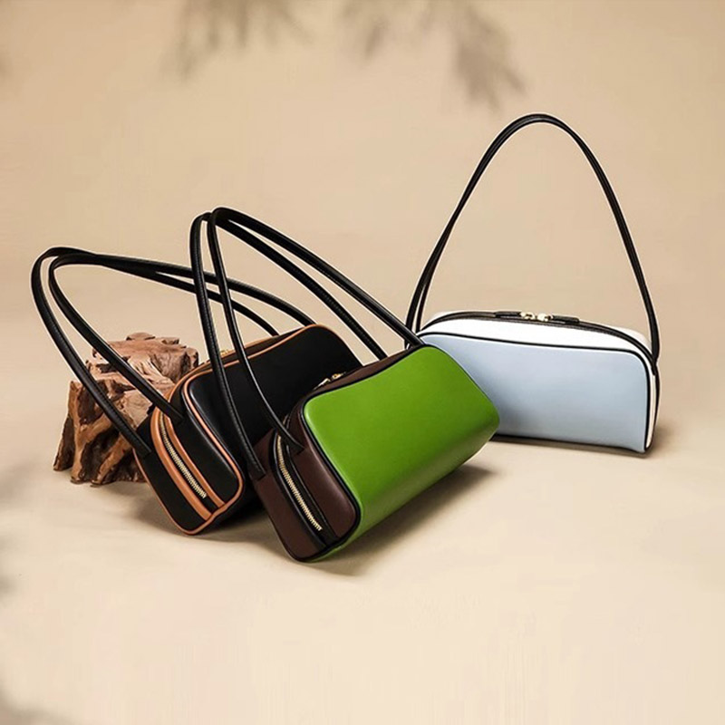 Sac Baguette Vintage en cuir véritable à fermeture éclair pour femmes