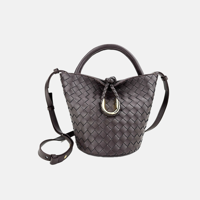 Women's Vintage Woven Genuine Leather Knot-Closure Crossbody Bucket Bag
