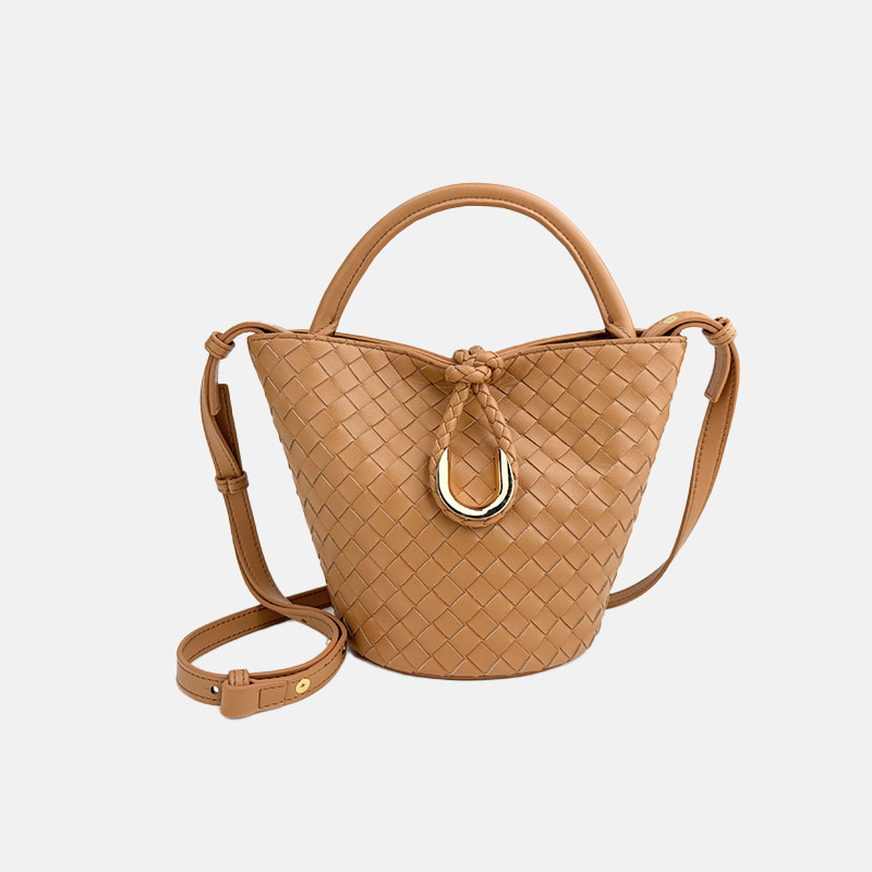 Women's Vintage Woven Genuine Leather Knot-Closure Crossbody Bucket Bag