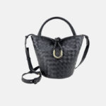 Women's Vintage Woven Genuine Leather Knot-Closure Crossbody Bucket Bag
