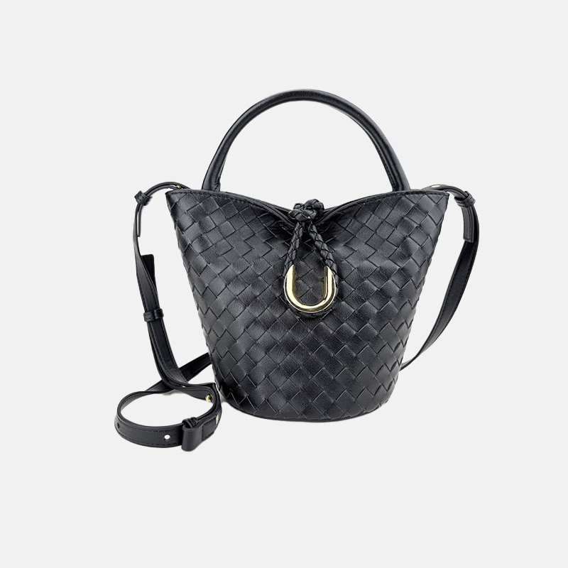 Women's Vintage Woven Genuine Leather Knot-Closure Crossbody Bucket Bag