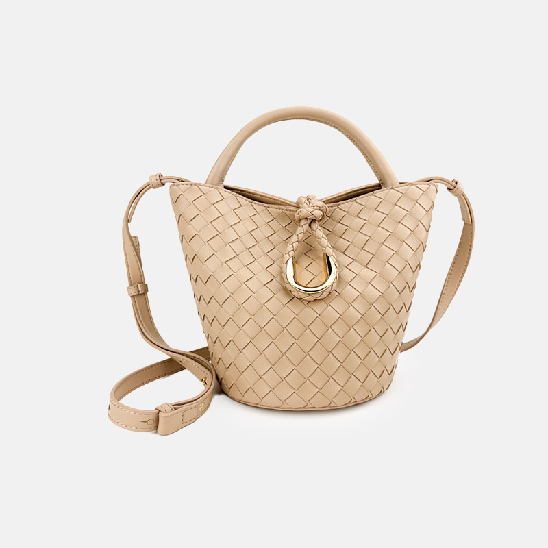 Women's Vintage Woven Genuine Leather Knot-Closure Crossbody Bucket Bag