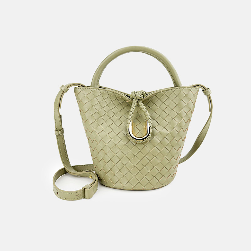 Women's Vintage Woven Genuine Leather Knot-Closure Crossbody Bucket Bag