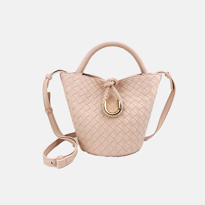 Women's Vintage Woven Genuine Leather Knot-Closure Crossbody Bucket Bag