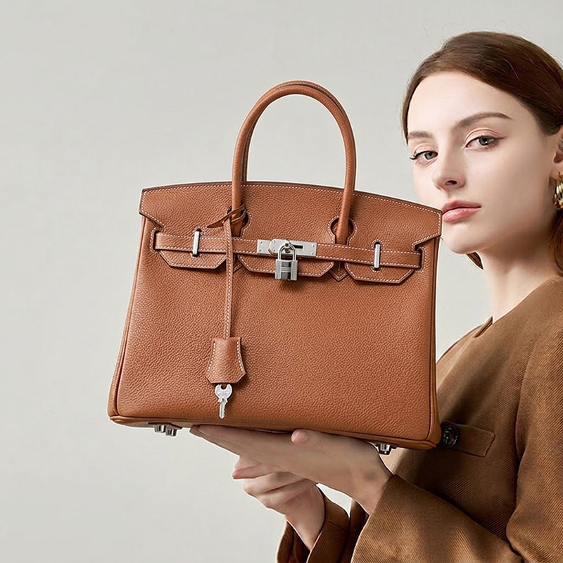 Women's Full-Grain Leather Top Handle Bag In Silver Lock Closure