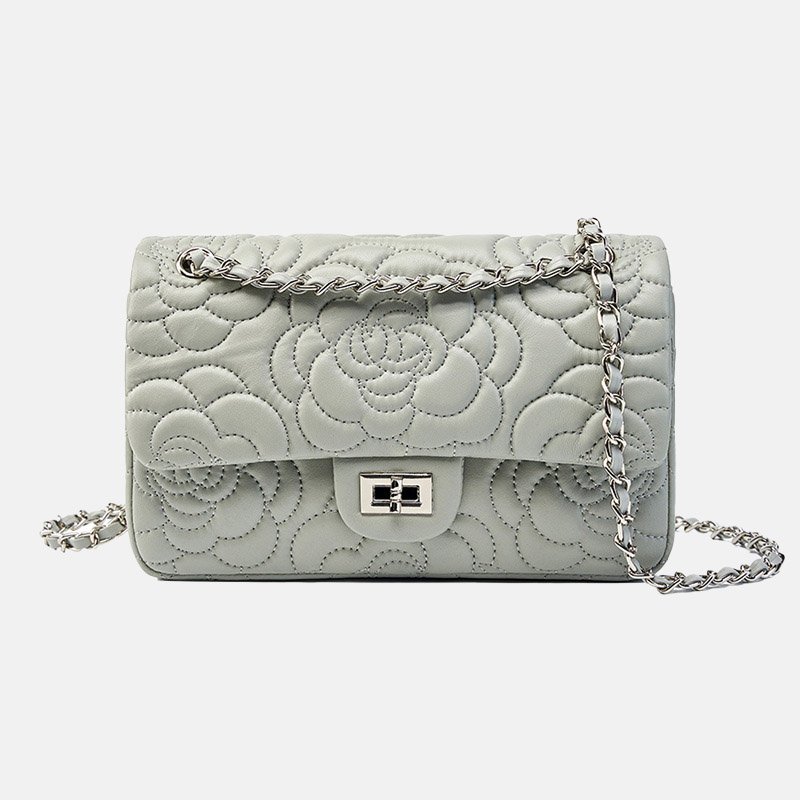 Women's Minimalist Lambskin Leather Camellia Quilted Chain Shoulder Bag In Silver Lock