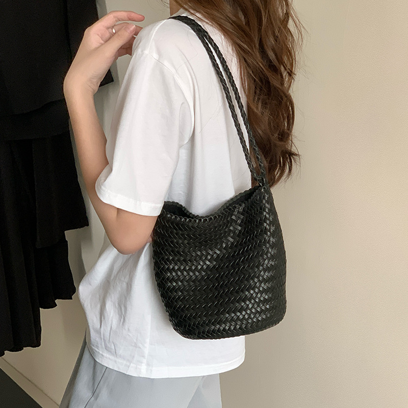 Women's Minimalist Woven Top-Grain Leather Crossbody Shoulder Bucket Bag