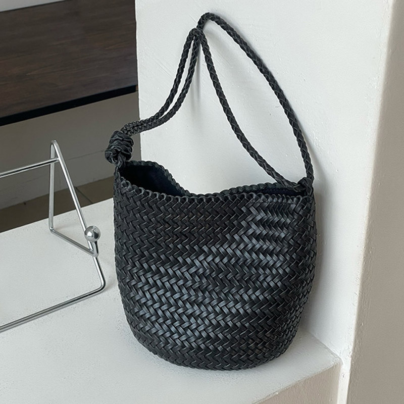 Women's Minimalist Woven Top-Grain Leather Crossbody Shoulder Bucket Bag