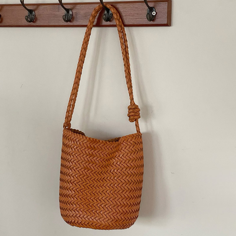 Women's Minimalist Woven Top-Grain Leather Crossbody Shoulder Bucket Bag