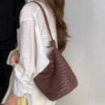 Women's Minimalist Woven Top-Grain Leather Crossbody Shoulder Bucket Bag