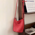 Women's Minimalist Woven Top-Grain Leather Crossbody Shoulder Bucket Bag