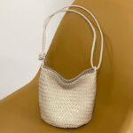 Women's Minimalist Woven Top-Grain Leather Crossbody Shoulder Bucket Bag