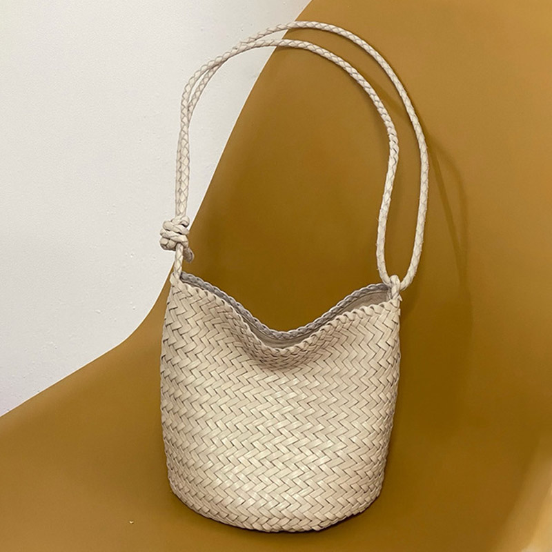 Women's Minimalist Woven Top-Grain Leather Crossbody Shoulder Bucket Bag