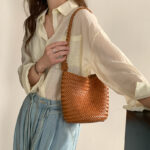 Women's Minimalist Woven Top-Grain Leather Crossbody Shoulder Bucket Bag