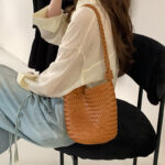 Women's Minimalist Woven Top-Grain Leather Crossbody Shoulder Bucket Bag