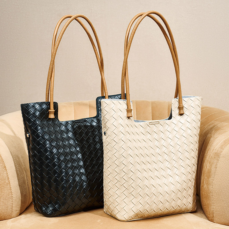 Women's Split Cowhide Leather Minimalist Woven Shoulder Tote Bag