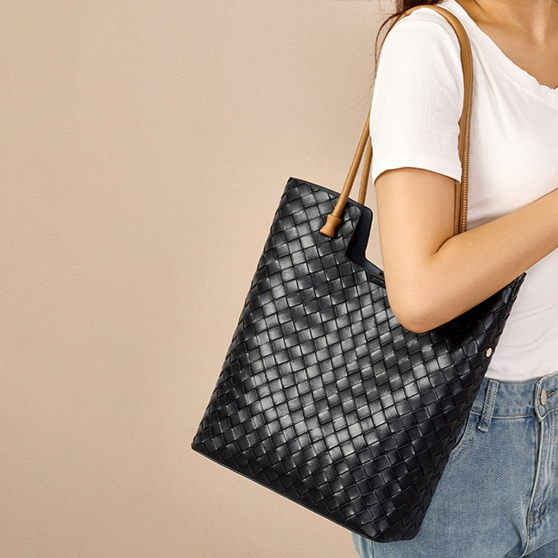 Women's Split Cowhide Leather Minimalist Woven Shoulder Tote Bag