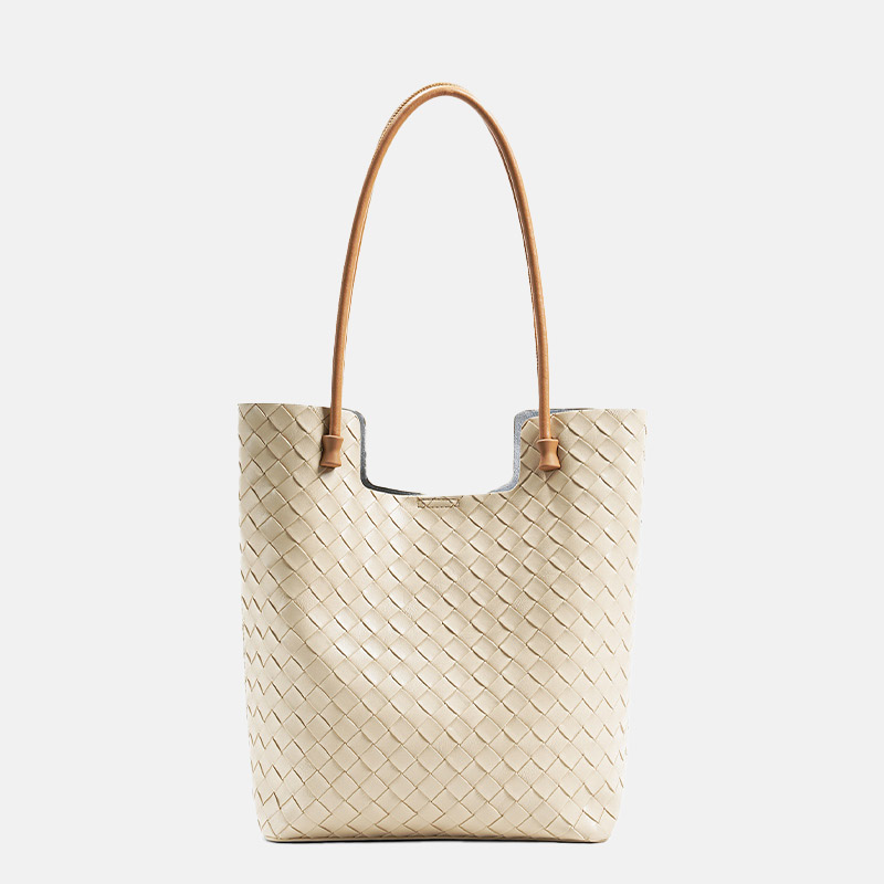 Women's Split Cowhide Leather Minimalist Woven Shoulder Tote Bag