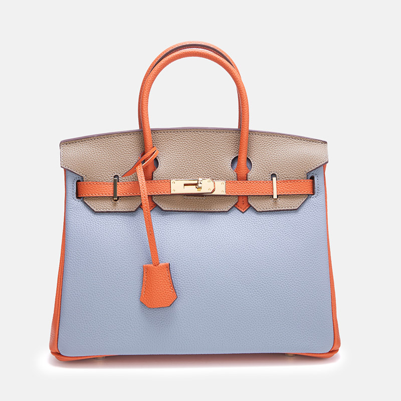 Damen Vollnarbenleder Color-Block Gold Lock Closure Henkeltasche mit Schlüssel & Schloss und Schlüsselriemen