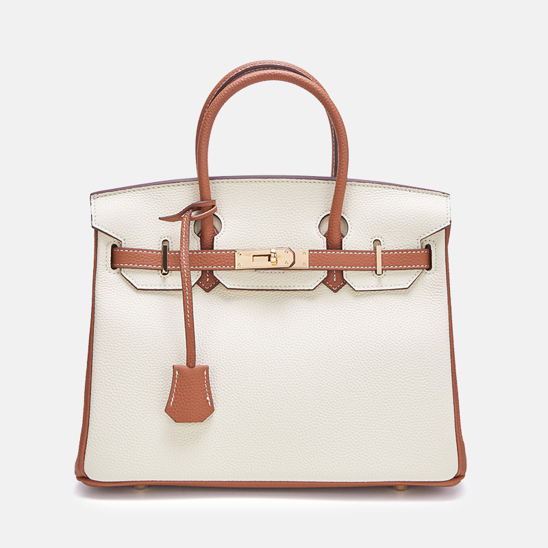 Damen Vollnarbenleder Color-Block Gold Lock Closure Henkeltasche mit Schlüssel & Schloss und Schlüsselriemen