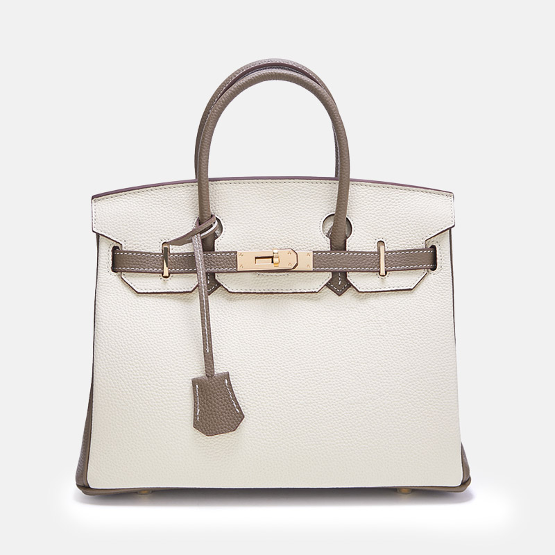 Damen Vollnarbenleder Color-Block Gold Lock Closure Henkeltasche mit Schlüssel & Schloss und Schlüsselriemen