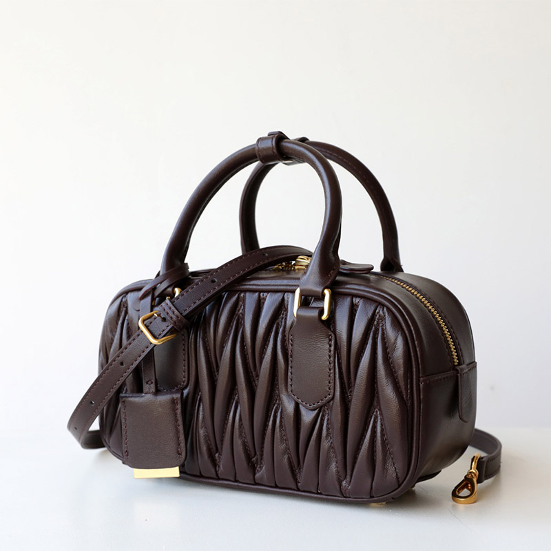 Women's Vintage Lambskin Leather Pleated Bowling Handbag