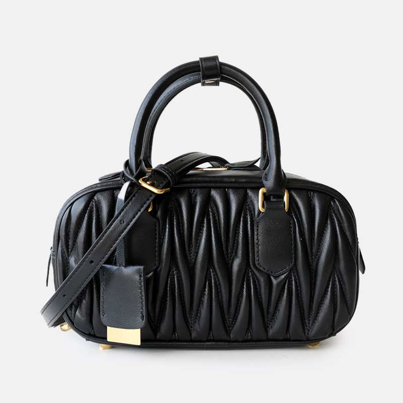 Women's Vintage Lambskin Leather Pleated Bowling Handbag