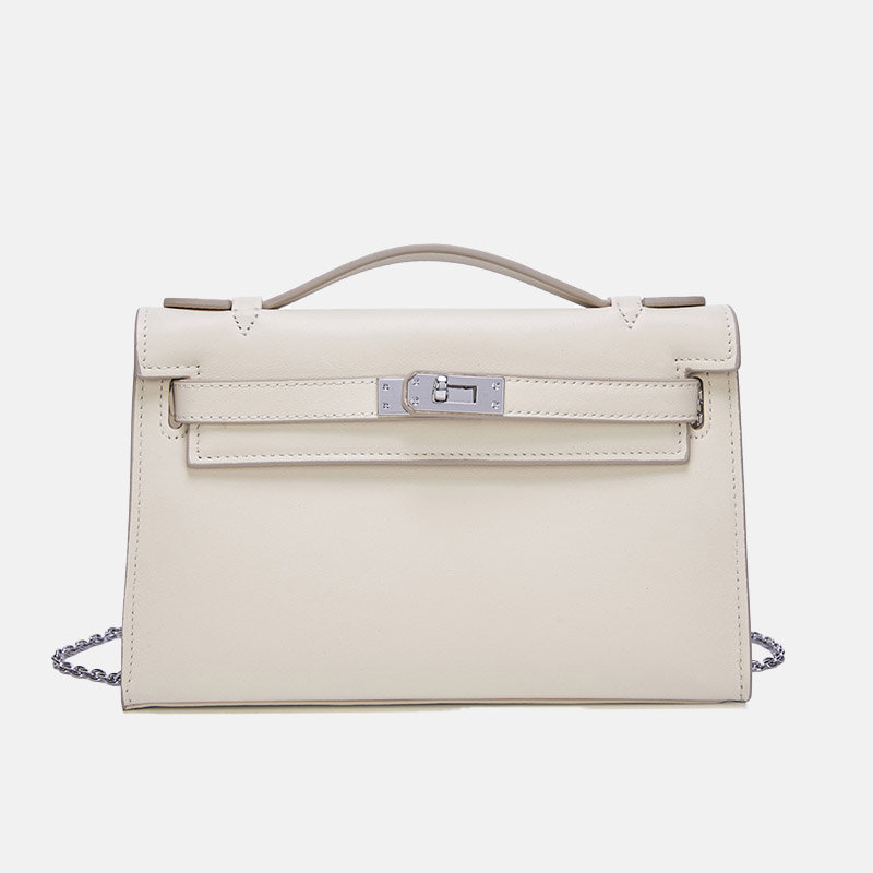 Women's Vintage Top-Grain Leather Crossbody Chain Handbag In Silver Lock