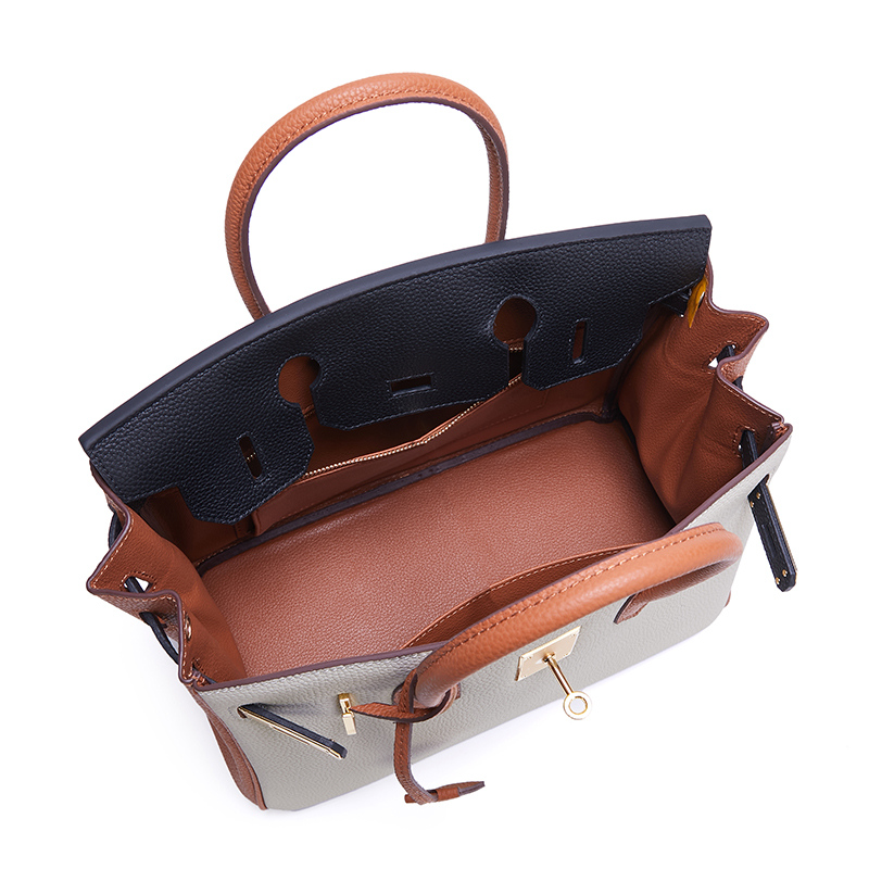 Damen Vollnarbenleder Color-Block Gold Lock Closure Henkeltasche mit Schlüssel & Schloss und Schlüsselriemen