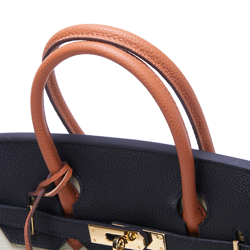 Damen Vollnarbenleder Color-Block Gold Lock Closure Henkeltasche mit Schlüssel & Schloss und Schlüsselriemen