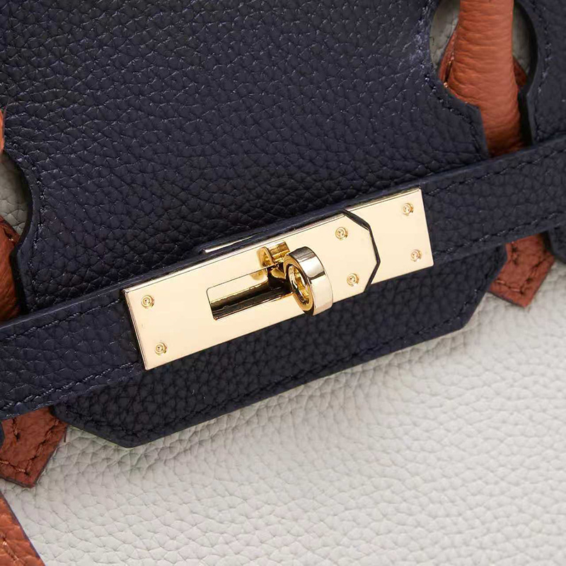Damen Vollnarbenleder Color-Block Gold Lock Closure Henkeltasche mit Schlüssel & Schloss und Schlüsselriemen