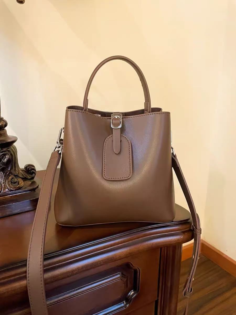Damen Echtes Leder Schnallenverschluss Schulter Bucket Bag photo review