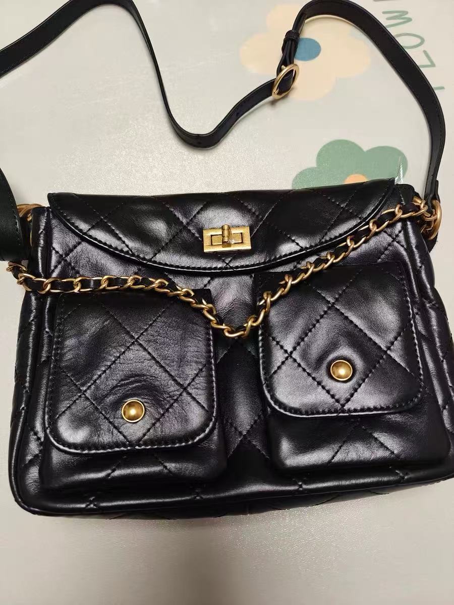 Women's Black Quilted Genuine Leather Chain Lock Shoulder Crossbody Bag In Vintage photo review