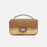 Minimalistische Damen Crossbody Tasche aus gewebtem Stroh und Leder mit silberner Hardware